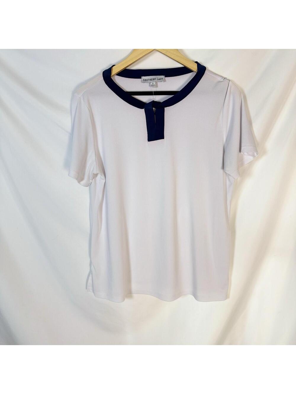 Southern Lady Women’s Blouse Keyhole Neck White W/ Blue Trim Small NWOT